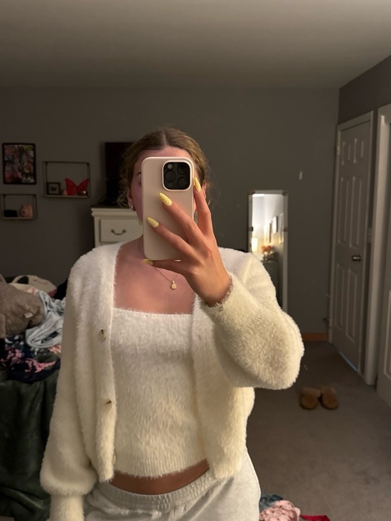 Willow and wind Sweaters - Cozy White Fuzzy Cardigan & tank Top Set - Women Sweaters
